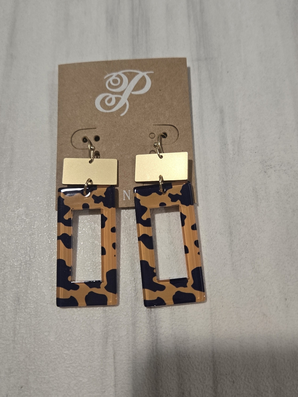 Plunder Navy and Tan Leopard Rectangular Drop Earrings